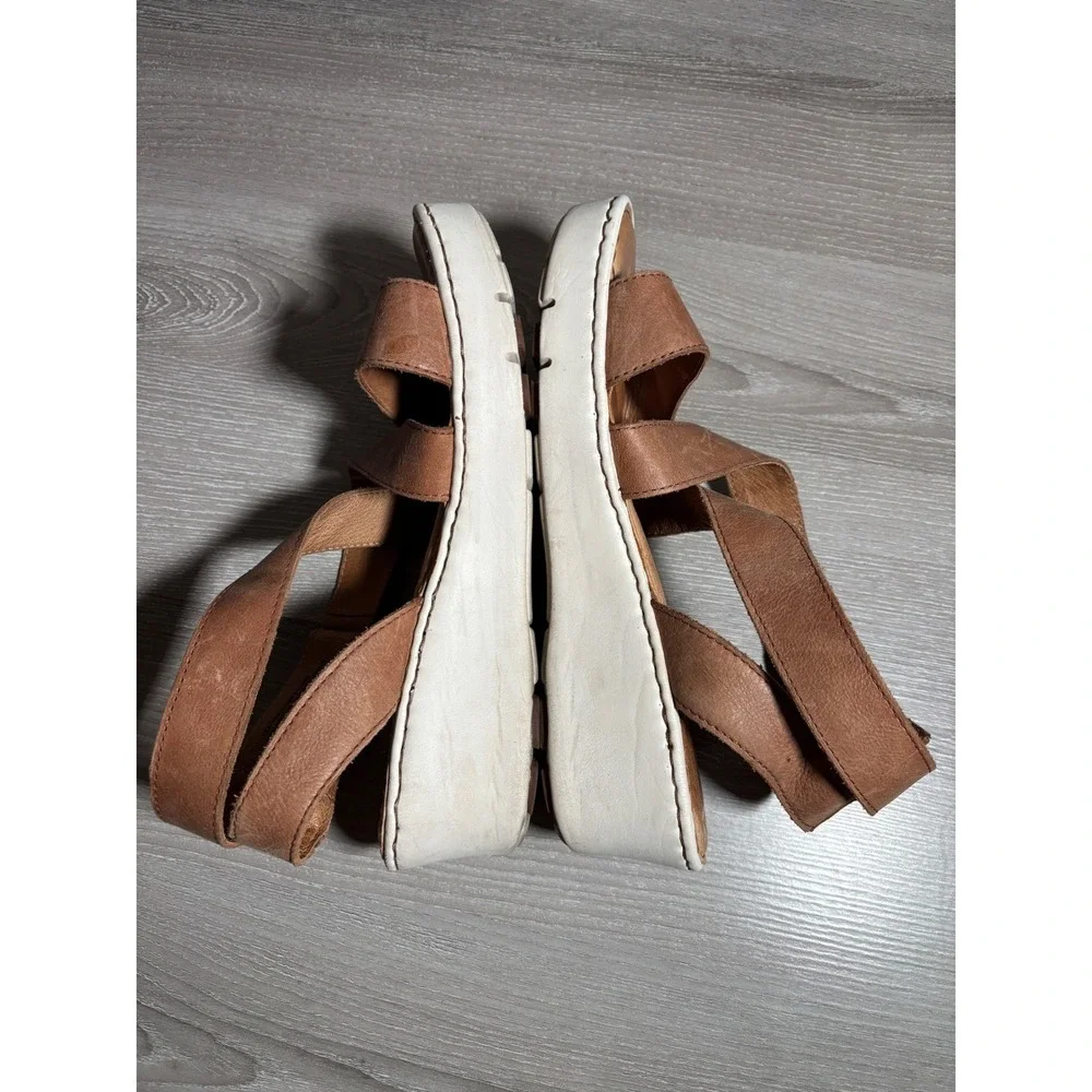 Born Womens 9 M Tan Brown Leather Cross Strap Wedge Sandals Boho Beach Festival